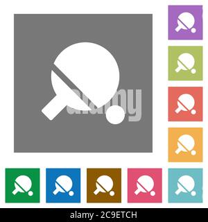 Tischtennis flache Symbole auf einfachen farbigen quadratischen Hintergründen Stock Vektor
