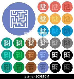 Labyrinth mehrfarbige flache Symbole auf runden Hintergründen. Weiße, helle und dunkle Symbolvarianten für Hover- und aktive Statuseffekte sowie Bonus enthalten Stock Vektor