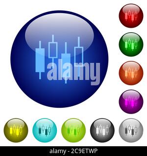 Candlestick-Diagramm-Symbole auf runden farbigen Glasknöpfen Stock Vektor
