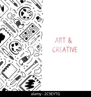 Handgezeichnete Set von kreativen Künstler-Tools Element, Pinsel, Bleistift, Farbe, Skizzenbuch, Marker. Doodle-Skizzenstil. Artist Element gezeichnet mit digitalem Stift. Vektor-Illustration für Banner, Symbol, Handwerk Design Stock Vektor
