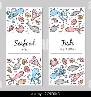 Handgezeichnete Menüvorlage mit Meeresfrüchten, Fisch, Hummer, Auster, Krake, Garnelen. Doodle-Skizzenstil. Meereselement gezeichnet von dogital Stift. Vektorgrafik für Symbol, Menü, Rezepturgestaltung. Stock Vektor