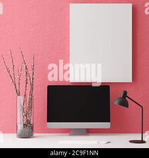 Computer mockup roten Hintergrund auf dem Tisch. Laptop mit schwarzem Bildschirm..3d-Rendering Stockfoto