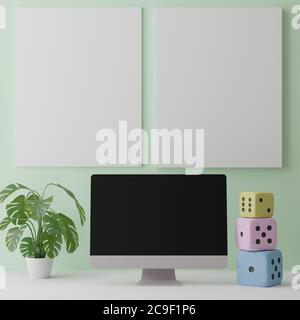 Computer mockup grünen Hintergrund auf dem Tisch. Laptop mit schwarzem Bildschirm..3d-Rendering Stockfoto