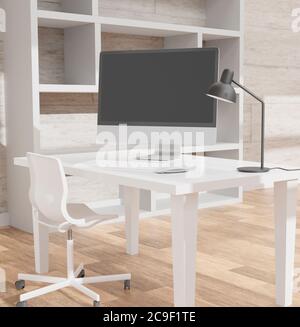 Computer mockup weißen Hintergrund auf dem Tisch. Laptop mit schwarzem Bildschirm. Stockfoto