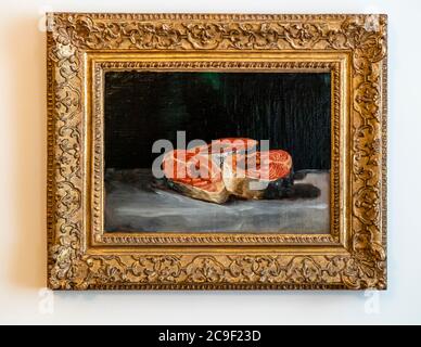 Das Stillleben mit drei Lachsscheiben von Francisco de Goya ist Teil der Reinhart-Sammlung von Oskar Reinhart in Winterthur, Schweiz. Das Stillleben mit drei Lachsscheiben wurde vor über 200 Jahren von Francisco de Goya gemalt. Perspektive und Lichteffekte sind bemerkenswert Stockfoto