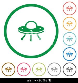 UFO flache Farbsymbole in runden Umrissen auf weißem Hintergrund Stock Vektor
