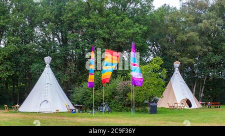 Farbenfroher Campingplatz mit Tipi- oder Wigwam-Zelten im Grünen Stockfoto