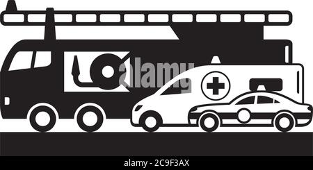 Polizeiauto, Ambulanzbus und Feuerwehrauto – Vektordarstellung Stock Vektor
