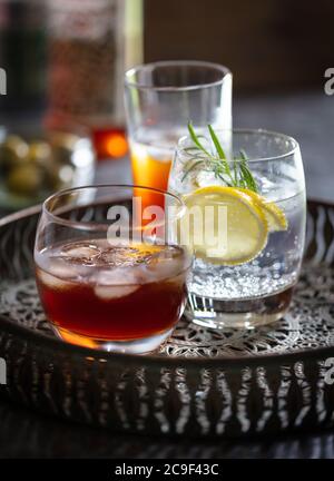 Alkoholische Getränke (Whisky, Gin Tonic, Wermouth) auf Getränketablett. Dunkler Hintergrund. Hochformat Stockfoto