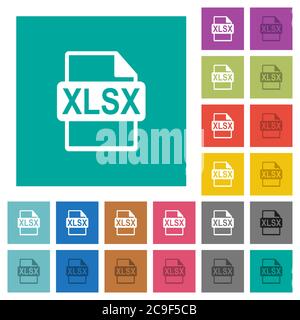 XLSX-Dateiformat mehrfarbige flache Symbole auf einfachen quadratischen Hintergründen. Weiße und dunklere Symbolvarianten für schwebe- oder aktive Effekte. Stock Vektor