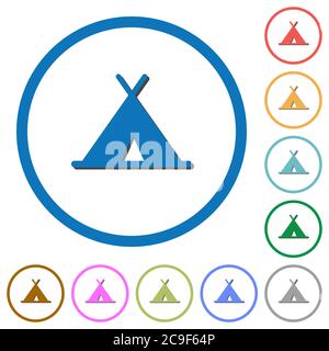 Zelt flache Farbe Vektor-Symbole mit Schatten in runden Konturen auf weißem Hintergrund Stock Vektor