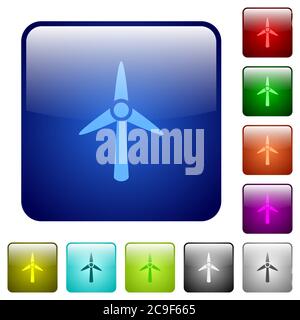 Symbole für Windenergieanlagen in abgerundeter quadratischer Farbe, glänzend, mit Knöpfen Stock Vektor