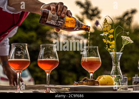 Eine Hand gießt bernsteinfarbenes "Raab Anno 1937"-Bier in drei Gläser bei Sonnenuntergang, mit einem Teller Fleisch und Brotteigknödel im Vordergrund, während des Bierseminars auf den Hollerhöfen in Kemnath-Waldeck, Oberpfalz, Bayern, Deutschland. Dies ist möglicherweise die fränkische Brauerei Raab, gegründet 1937 in Hofheim, Unterfranken. Stockfoto