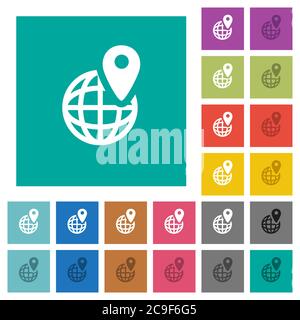GPS-Position mit Globus-Symbol mehrfarbige flache Symbole auf einfachen quadratischen Hintergründen. Weiße und dunklere Symbolvarianten für Schwebe- oder aktive eff Stock Vektor