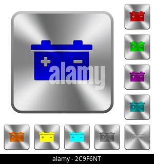Akkumulator gravierte Symbole auf runden quadratischen glänzenden Stahlknöpfen Stock Vektor