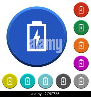 Akku mit Energiesymbol runde, abgeschrägte Tasten mit glatten Oberflächen und flachen weißen Symbolen Stock Vektor