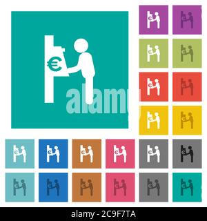 Euro-Geldautomat mehrfarbige flache Symbole auf einfachen quadratischen Hintergründen. Weiße und dunklere Symbolvarianten für schwebe- oder aktive Effekte. Stock Vektor