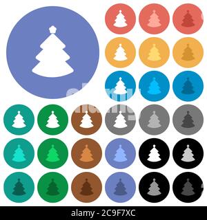 Weihnachtsbaum mehrfarbige flache Symbole auf runden Hintergründen. Inklusive weißer, heller und dunkler Symbolvarianten für schwebe- und aktive Statuseffekte, und Stock Vektor