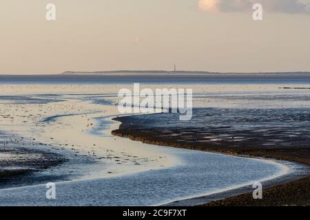 Gezeitenströmung und Wattflächen des Wattenmeeres an der nordniederländischen Küste bei Ebbe. Stockfoto