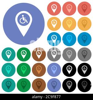 Barrierefreiheit GPS-Kartenposition mehrfarbige flache Symbole auf runden Hintergründen. Inklusive weiße, helle und dunkle Symbolvarianten für schweben und Stock Vektor