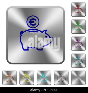 Euro Sparschwein gravierte Ikonen auf runden quadratischen glänzenden Stahlknöpfen Stock Vektor