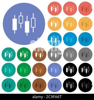 Candlestick Diagramm mehrfarbige flache Symbole auf runden Hintergründen. Im Lieferumfang enthalten sind weiße, helle und dunkle Symbolvarianten für Schwebeeffekt und aktive Statuseffekte, ein Stock Vektor