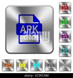 APK-Dateiformat gravierte Symbole auf runden quadratischen glänzenden Stahlknöpfen Stock Vektor