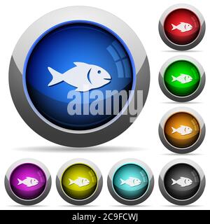 Fischsymbole in runden glänzenden Knöpfen mit Stahlrahmen Stock Vektor