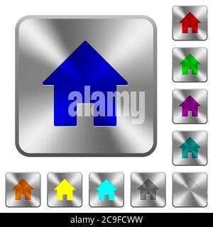 Startseite gravierte Symbole auf abgerundeten quadratischen glänzenden Stahlknöpfen Stock Vektor