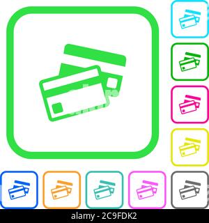 Kreditkarten lebendige farbige flache Symbole in geschwungenen Rändern auf weißem Hintergrund Stock Vektor