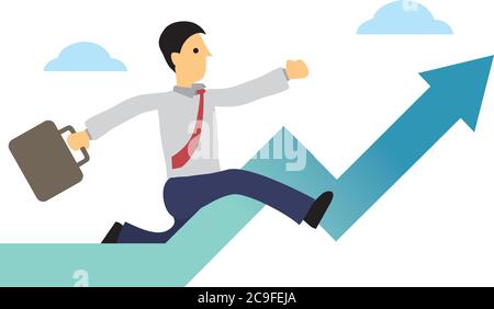 Geschäftsmann läuft den Pfeil nach oben. Konzept des Wachstums oder der Aktienwirtschaft boomt. Flache Vektorgrafik. Stock Vektor
