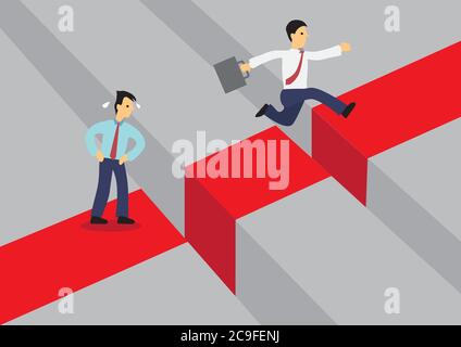 Geschäftsmann springt über eine riesige Lücke. Ein anderer Geschäftsmann hat Angst, das Problem zu überwinden. Vektor-Cartoon-Illustration für Konzept über die Überwindung Stock Vektor