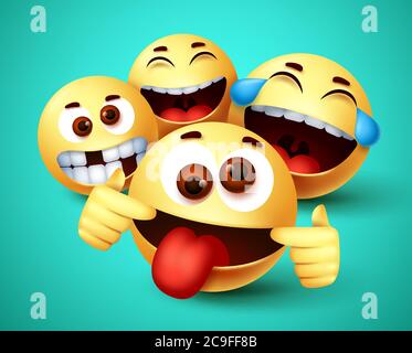 Emoji Smiley lustige Freunde nehmen Selfie-Vektor-Zeichen. Smiley Emoji der Freundschaft Emoticon in glücklich lächelnd, albern, lustig und verrückt Gesichtsbehandlung Stock Vektor