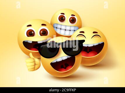 Emoji Smiley cool Freunde Charakter Vektor-Design. Smiley Emoji trägt Sonnenbrille zusammen mit Freunden Emoticon in glücklich lächelnd Gesichtsausdruck Stock Vektor