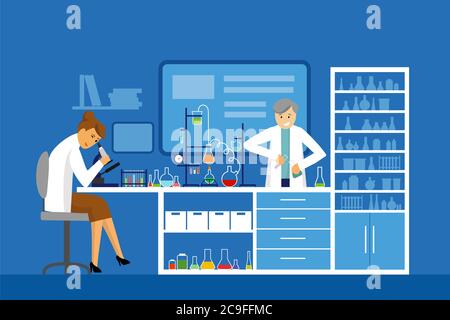 Illustration von Wissenschaftlern Männer und Frauen arbeiten in Science Lab Chemische Experiment Labor testen flache Illustration Wissenschaftler in weißen Laborkittel analyz Stockfoto