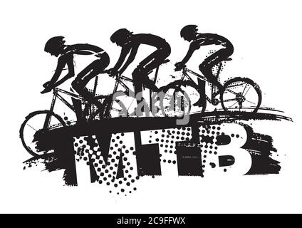 Mountainbiker mit MTB-Beschriftung. Ausdrucksstarke Grunge stilisierte Illustration von drei Mountainbike-Radfahrern in voller Geschwindigkeit.Vektor verfügbar Stock Vektor