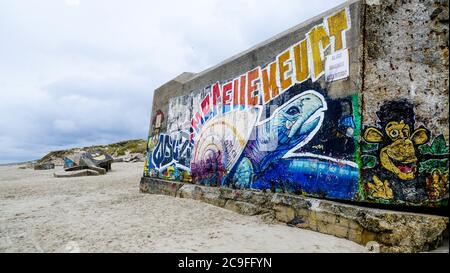 Ökologische Wandmalerei auf einem deutschen Bunker des Zweiten Weltkriegs, Berck, Pas-de-Calais, Haut-de France, Frankreich Stockfoto