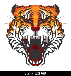 Cartoon Angry Tiger Gesicht isoliert auf weißem Hintergrund. vektor-Illustration. Stock Vektor