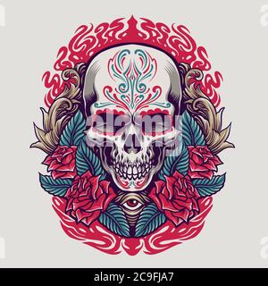 Dia de los muertos mexikanische Schädel Illustration Kultur und für Merchandise Aufkleber, Bekleidungslinie Stock Vektor