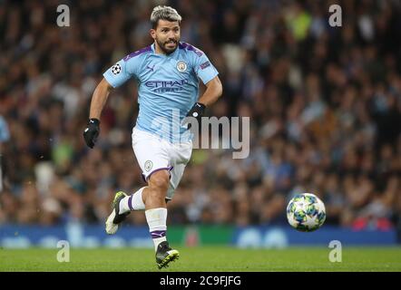 Manchester Citys Sergio Agüero in der UEFA Champions League match bei Etihad Stadium, Manchester. Stockfoto