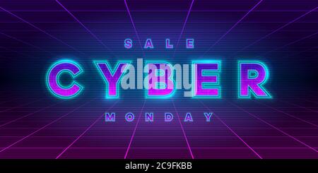 Cyber Montag Verkauf retrowave Stil Banner. Neon Tech Cyber Montag Inschrift auf Laser Perspektive Gitter Hintergrund. Designelement für Ereignis Stock Vektor