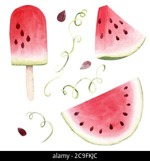 Aquarell Wassermelone Scheiben und Eis isoliert auf weißem Hintergrund. Sommer Essen Clipart. Design für Muster, Küchendekor, Grußkarten, Party Stockfoto