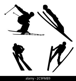 Wintersport auf Skiern, schwarze Silhouette auf weißem Hintergrund Stock Vektor