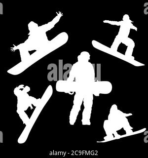 Weiße Silhouette eines Mannes mit einem Snowboard auf schwarzem Hintergrund Stock Vektor