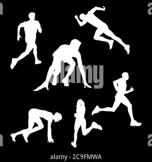 Weiße Silhouetten von Athleten, die auf schwarzem Hintergrund laufen Stock Vektor