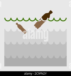 Flaschen im Wasser, Verschmutzung der Meere und Ozeane Stock Vektor