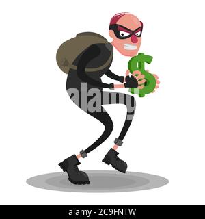 Ein Bild von einem kahlen Dieb in einer Maske, die mit einem Dollar auf weißem Hintergrund schleicht Stock Vektor