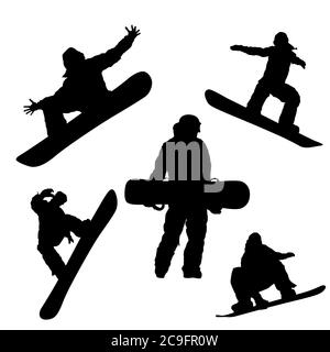 Schwarze Silhouette von Snowboarder auf weißem Hintergrund Stock Vektor