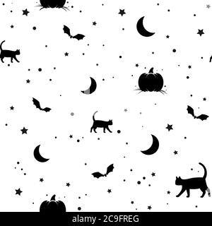 Nahtloses Muster mit schwarzen Katzen, Sternen, Kürbissen und Fledermäusen auf weißem Hintergrund. Halloween Magie Vektor Tapete. Urlaub Märchen Ornament Stock Vektor