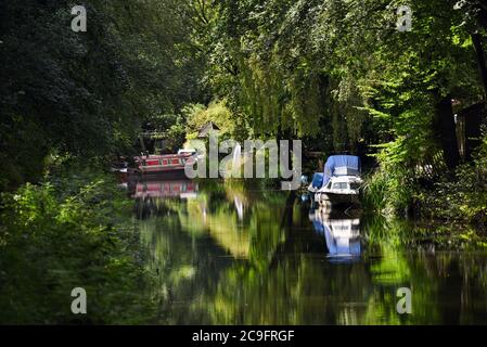 Boote spiegeln sich in den stillen Gewässern des schönen Basingstoke Canal in diesem Foto, das in der Nähe von Frimley in Surrey aufgenommen wurde Stockfoto